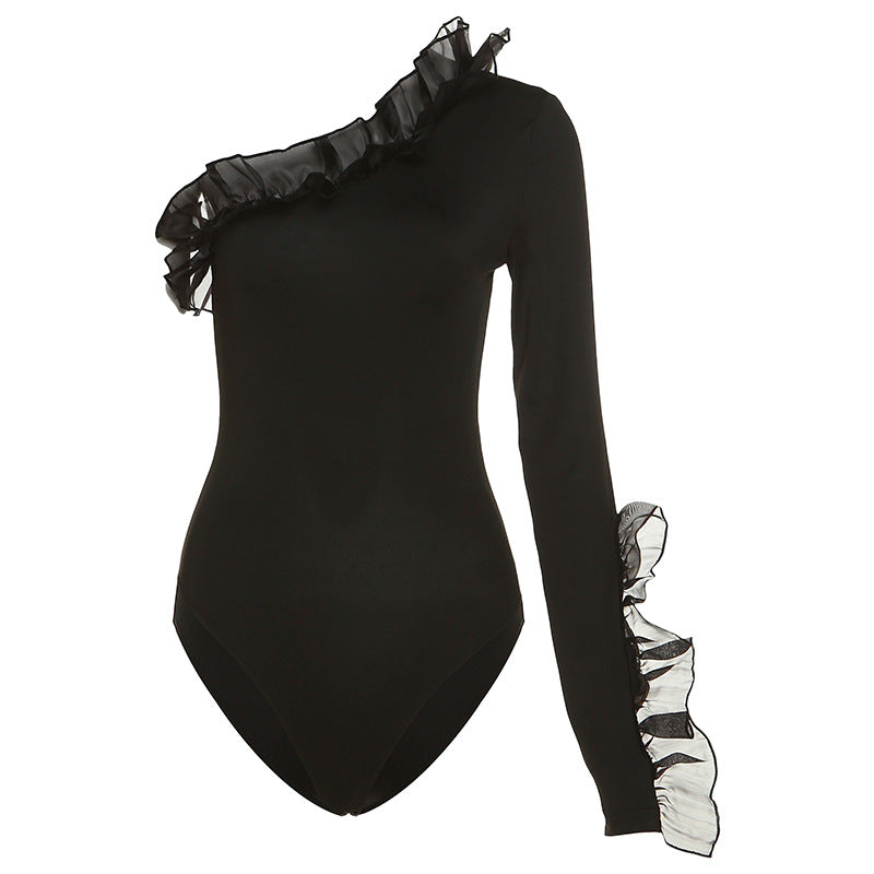 One Shoulder Sleeve Slim Wrap Hip Bodysuit T-shirt