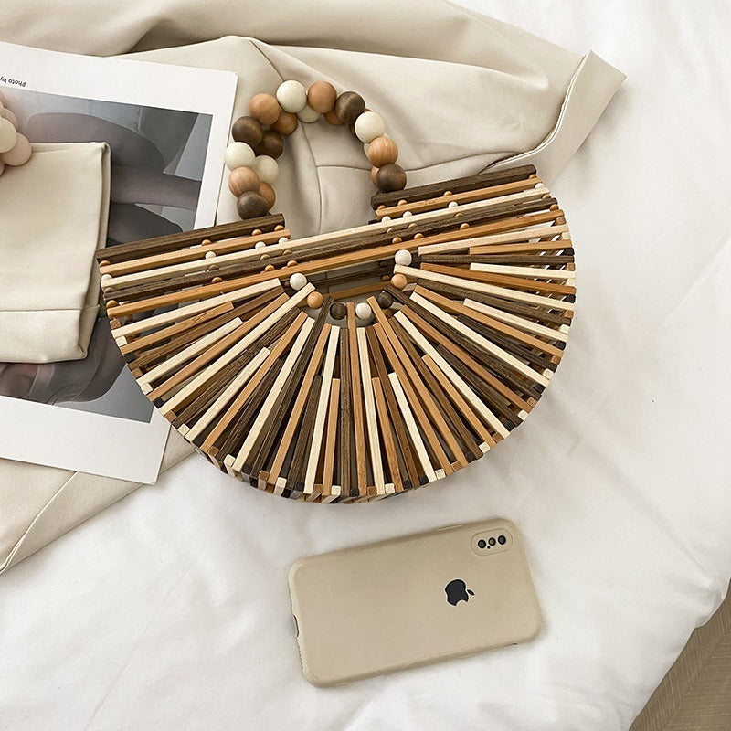 INS Super Fire Grass Woven Bag Women's New Colored Beaded Handheld Bamboo Woven Bag Women's Small Beach Bag