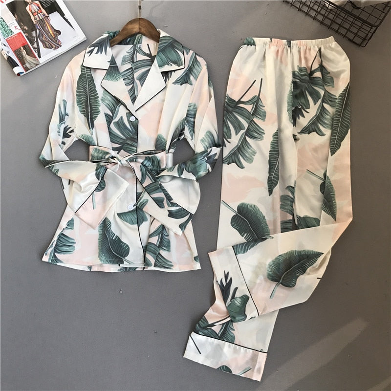 Lisacmvpnel Spring Printing Pattern Women Pajama Set Rayon Sleepwear Long Sleeve Trousers Two Paper Suit