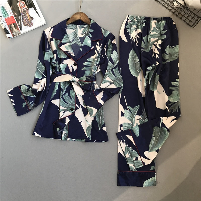 Lisacmvpnel Spring Printing Pattern Women Pajama Set Rayon Sleepwear Long Sleeve Trousers Two Paper Suit