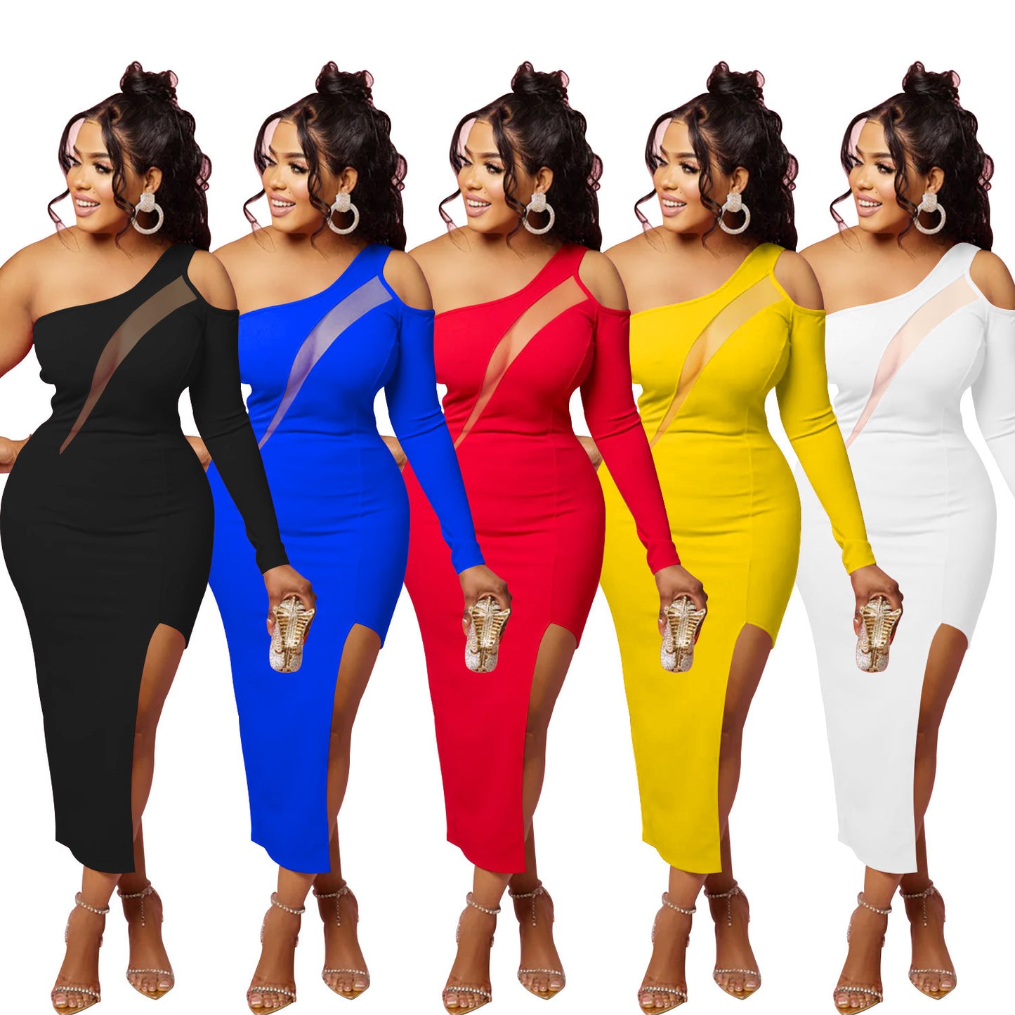 Women's Solid Color Diagonal Mesh Dress