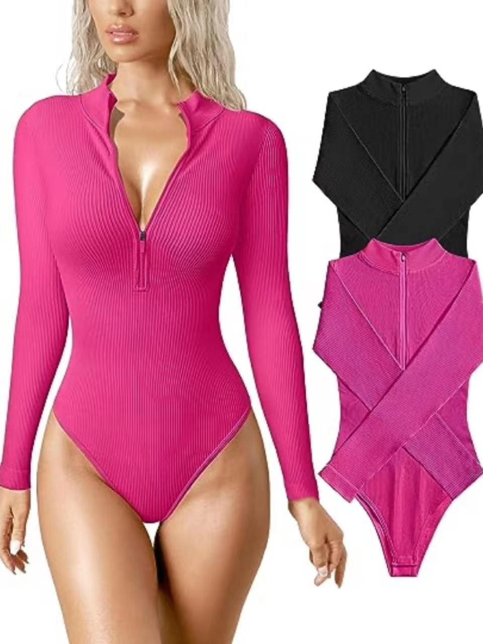 Long Sleeve Bodysuit Sexy Ribbed Bodysuit Front Zip
