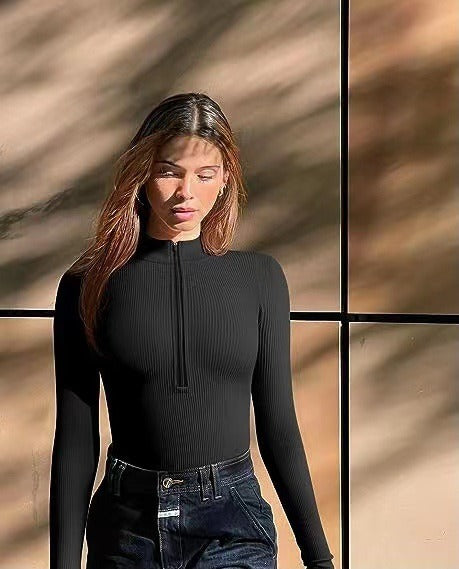 Long Sleeve Bodysuit Sexy Ribbed Bodysuit Front Zip