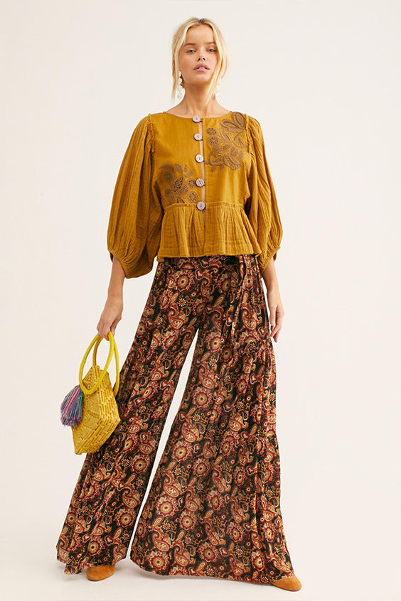 New Print Retro Women's Trousers All-Match Wide Leg Pants Temperament High Waist Flared Pants Loose Casual Pants