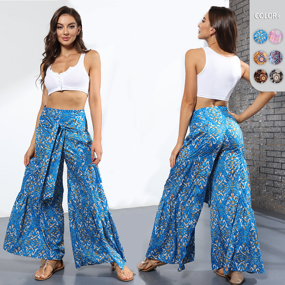 New Print Retro Women's Trousers All-Match Wide Leg Pants Temperament High Waist Flared Pants Loose Casual Pants