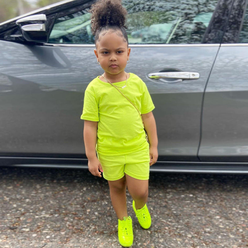 Children's Wear New Boys' And Girls' Suit Candy Color Fashion Solid Color Suit Short Sleeved Shorts