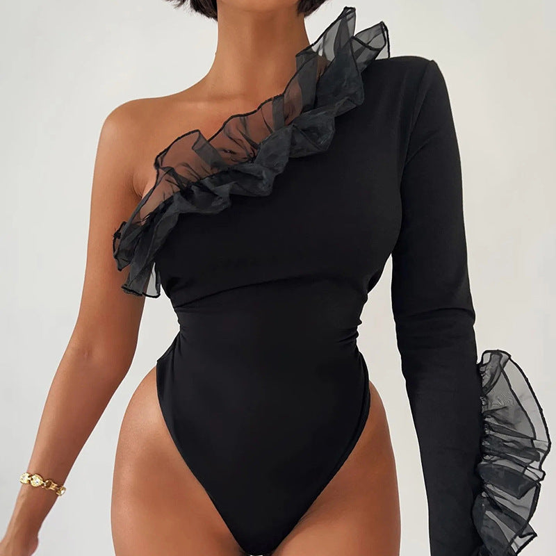 One Shoulder Sleeve Slim Wrap Hip Bodysuit T-shirt