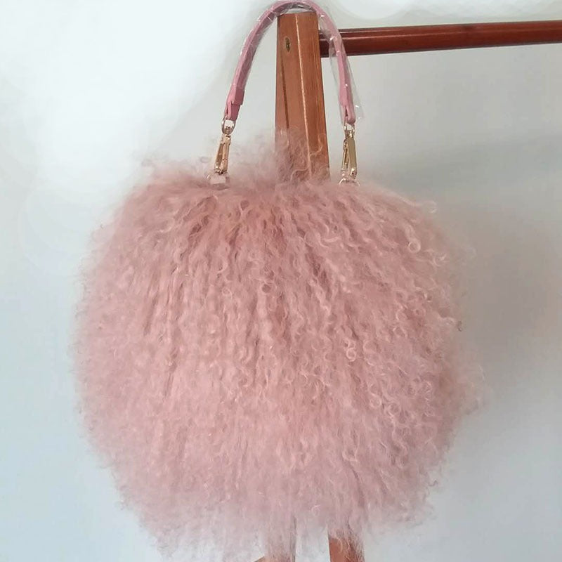 Genuine leather women's bag beach wool fur bag, one shoulder portable tassel sheepskin fur bag