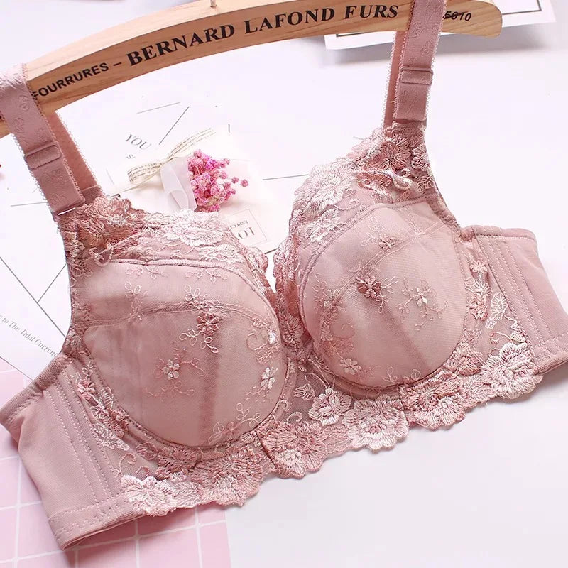 Women's Full coverage Underwired Non Padding Sheer Floral Lace Breathable Balconette Bra Plus Size 34 36 38 40 42 44 46 48 B-H