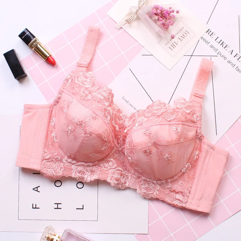 Women's Full coverage Underwired Non Padding Sheer Floral Lace Breathable Balconette Bra Plus Size 34 36 38 40 42 44 46 48 B-H