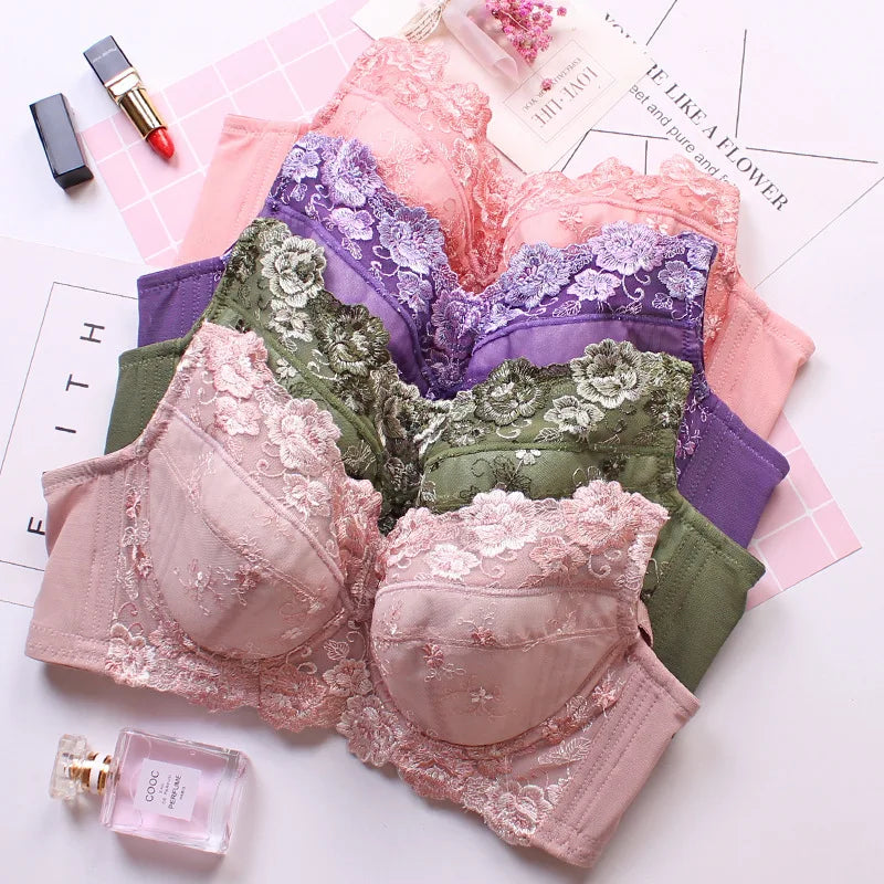 Women's Full coverage Underwired Non Padding Sheer Floral Lace Breathable Balconette Bra Plus Size 34 36 38 40 42 44 46 48 B-H