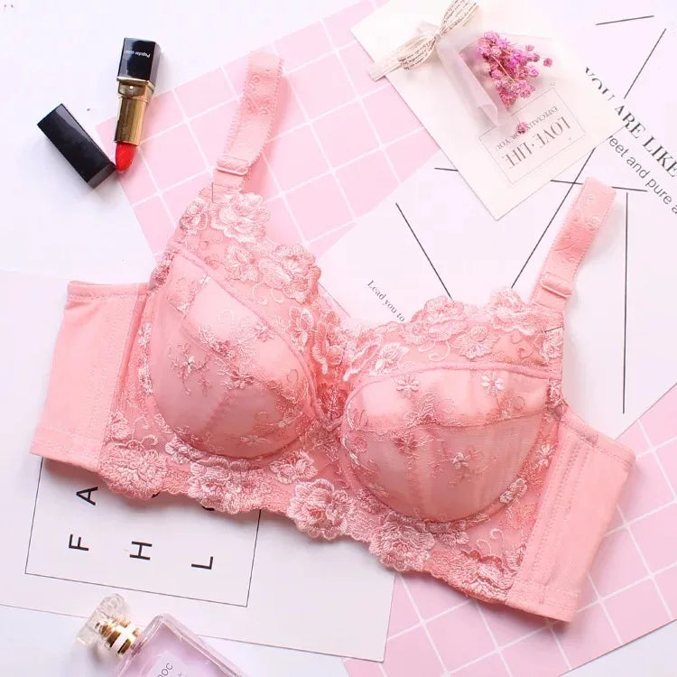 Women's Full coverage Underwired Non Padding Sheer Floral Lace Breathable Balconette Bra Plus Size 34 36 38 40 42 44 46 48 B-H