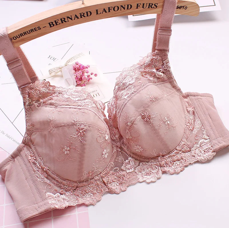 Women's Full coverage Underwired Non Padding Sheer Floral Lace Breathable Balconette Bra Plus Size 34 36 38 40 42 44 46 48 B-H