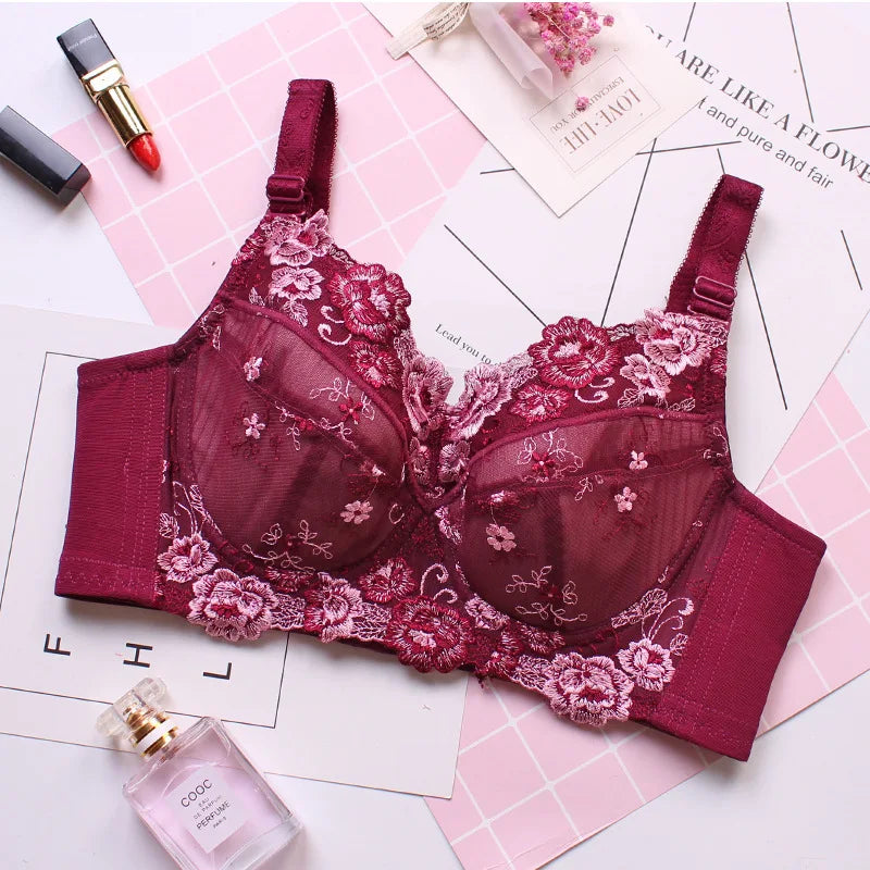 Women's Full coverage Underwired Non Padding Sheer Floral Lace Breathable Balconette Bra Plus Size 34 36 38 40 42 44 46 48 B-H