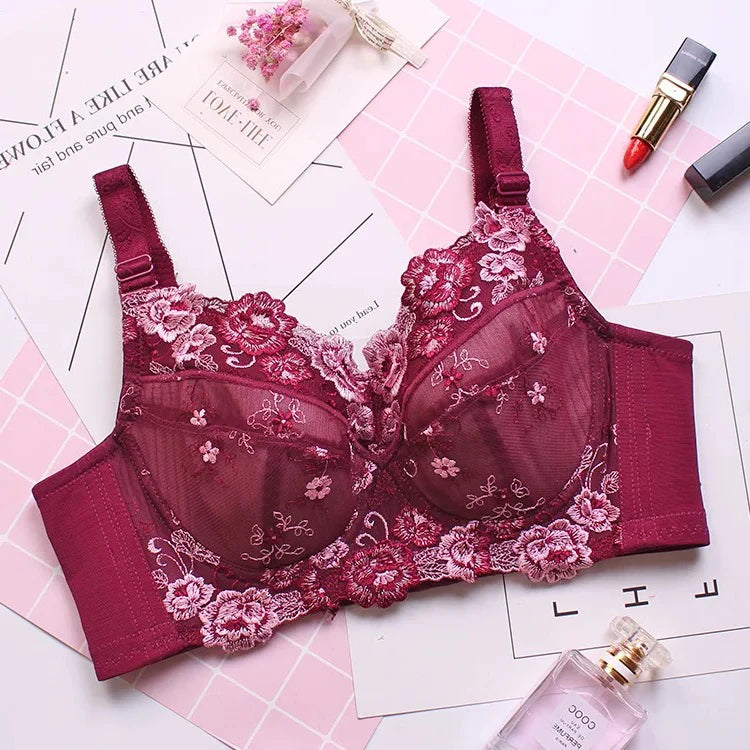 Women's Full coverage Underwired Non Padding Sheer Floral Lace Breathable Balconette Bra Plus Size 34 36 38 40 42 44 46 48 B-H