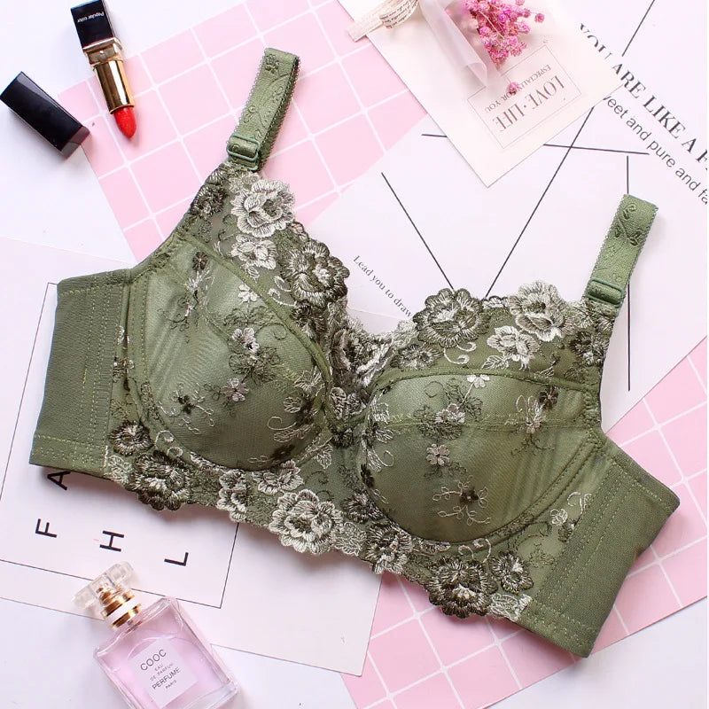 Women's Full coverage Underwired Non Padding Sheer Floral Lace Breathable Balconette Bra Plus Size 34 36 38 40 42 44 46 48 B-H