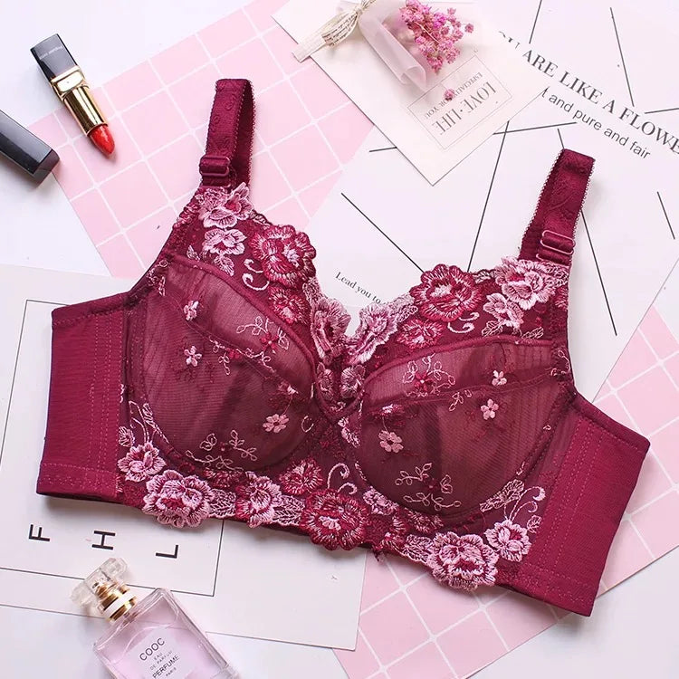 Women's Full coverage Underwired Non Padding Sheer Floral Lace Breathable Balconette Bra Plus Size 34 36 38 40 42 44 46 48 B-H