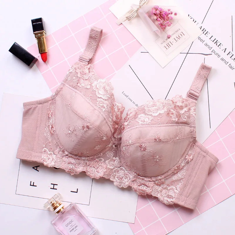 Women's Full coverage Underwired Non Padding Sheer Floral Lace Breathable Balconette Bra Plus Size 34 36 38 40 42 44 46 48 B-H