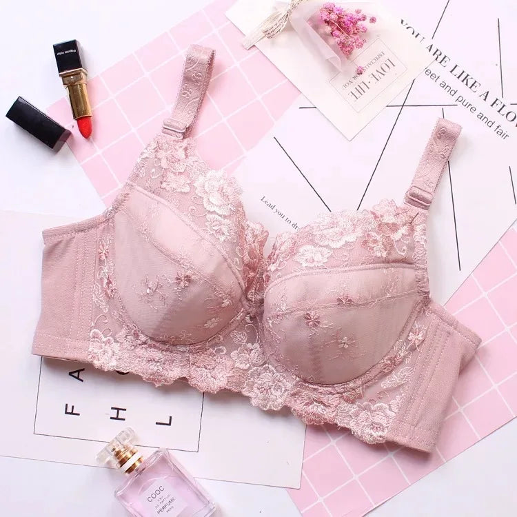 Women's Full coverage Underwired Non Padding Sheer Floral Lace Breathable Balconette Bra Plus Size 34 36 38 40 42 44 46 48 B-H