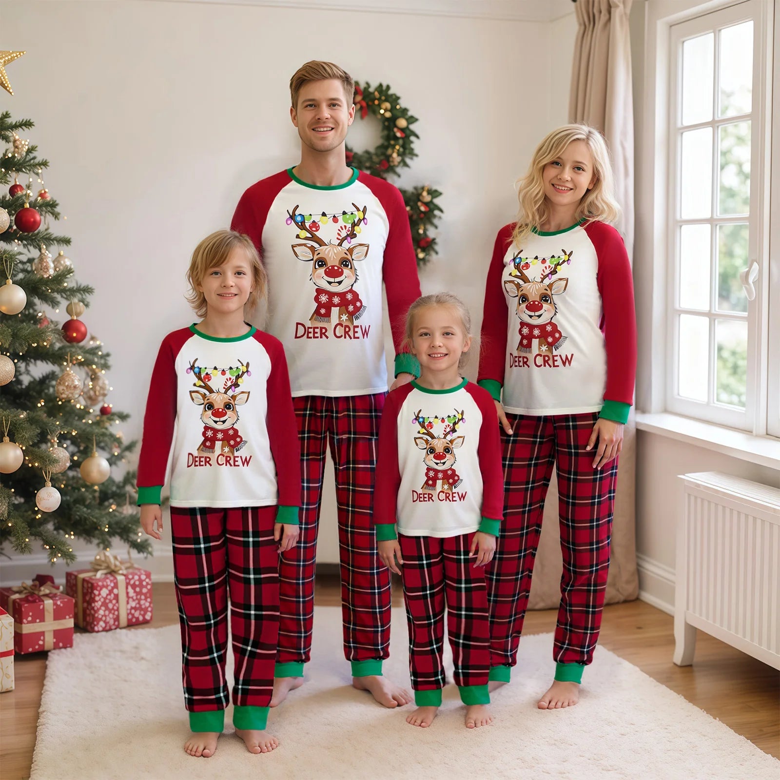 Family Matching Christmas Pajama Sets Adult Kid Reindeer Plaid Print Long Sleeve T-shirts Pants Holiday Sleepwear Xmas Sleepwear