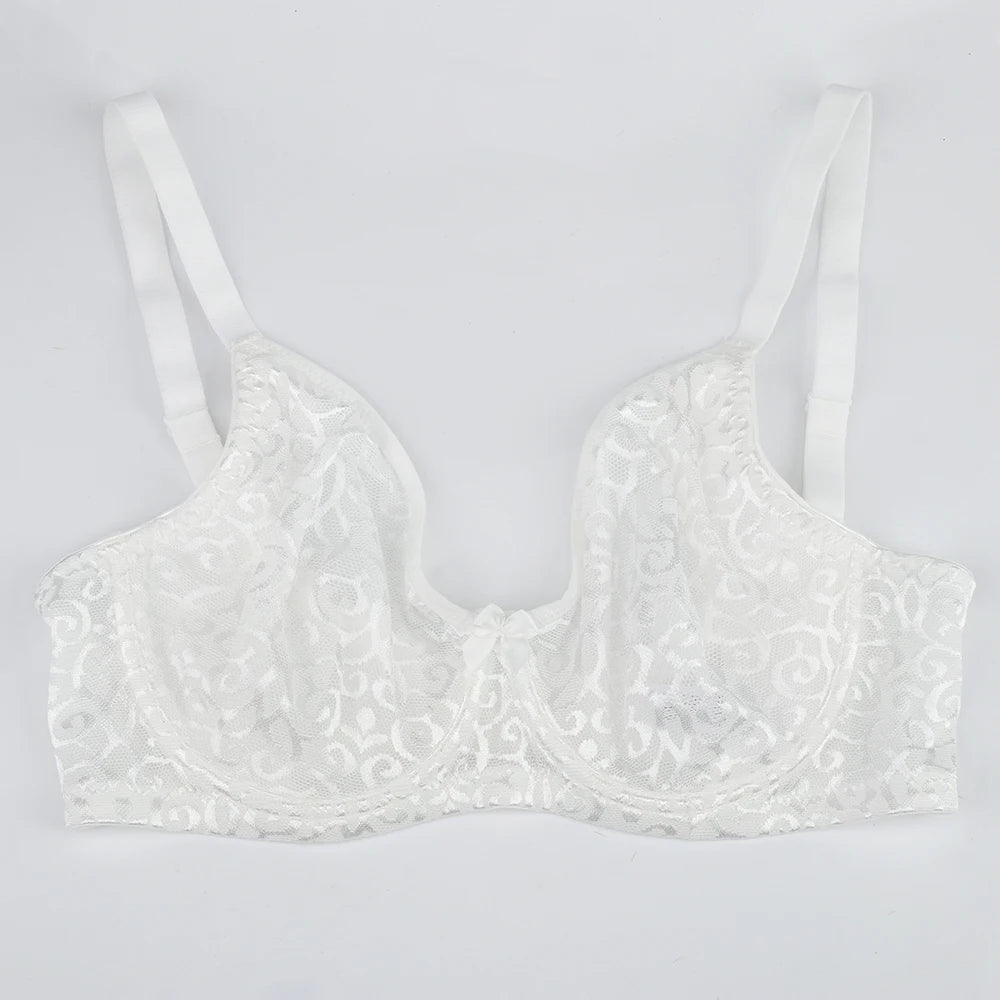 Sheroine Plus Size Minimizer Bra Full Coverage Underwire Plunge Bra with Floral Lace Mesh for Big Breast Support & Comfort
