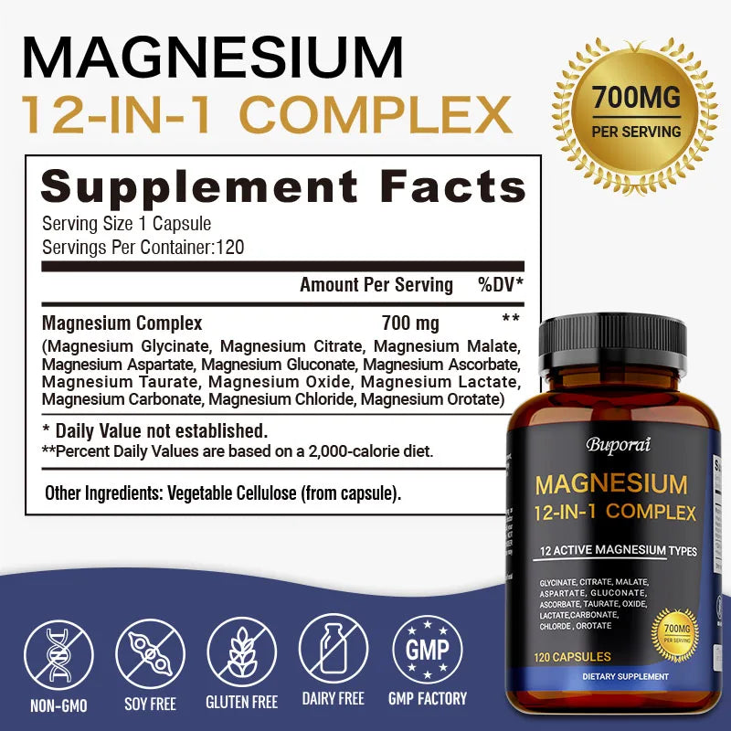 Magnesium Complex Capsules - Support Muscle, Bone, Heart Health, Improve Sleep, Stress & Anxiety Relief - Dietary Supplement