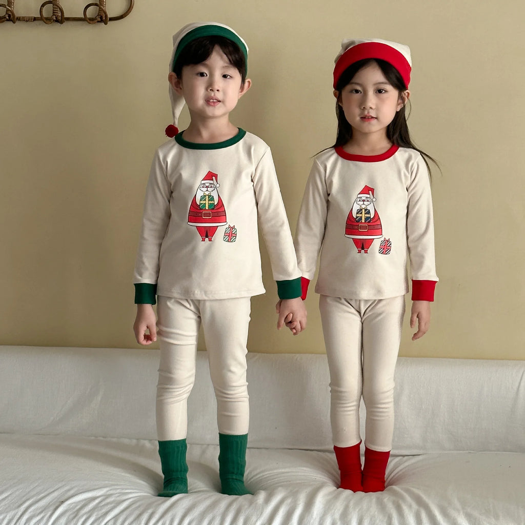2025 Christmas Kids Pajamas Sets 1-8Y Baby Girls Boys Santa Claus Print Long Sleeve Top Pants with Hat Children Homewear Outfit