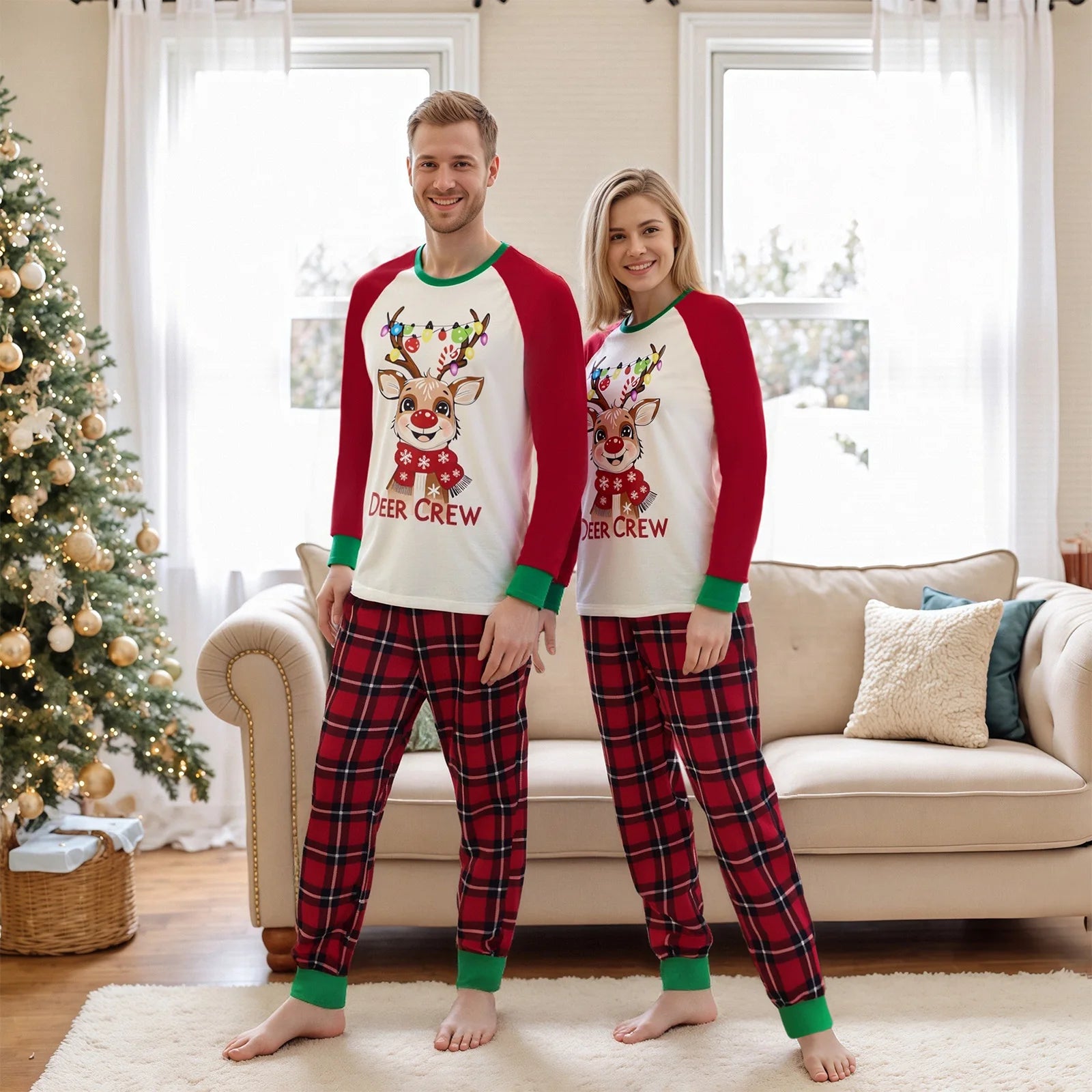 Family Matching Christmas Pajama Sets Adult Kid Reindeer Plaid Print Long Sleeve T-shirts Pants Holiday Sleepwear Xmas Sleepwear