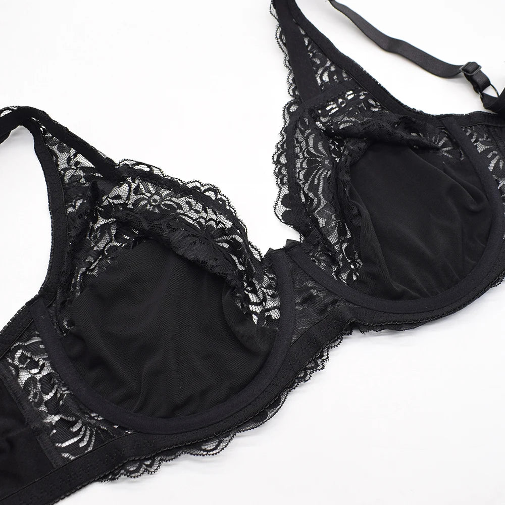 Women's Minimizer Bra Plus Size See Through Lace Floral Full Coverage Bras Underwire Unlined Mesh Transparent E F G H I Cup