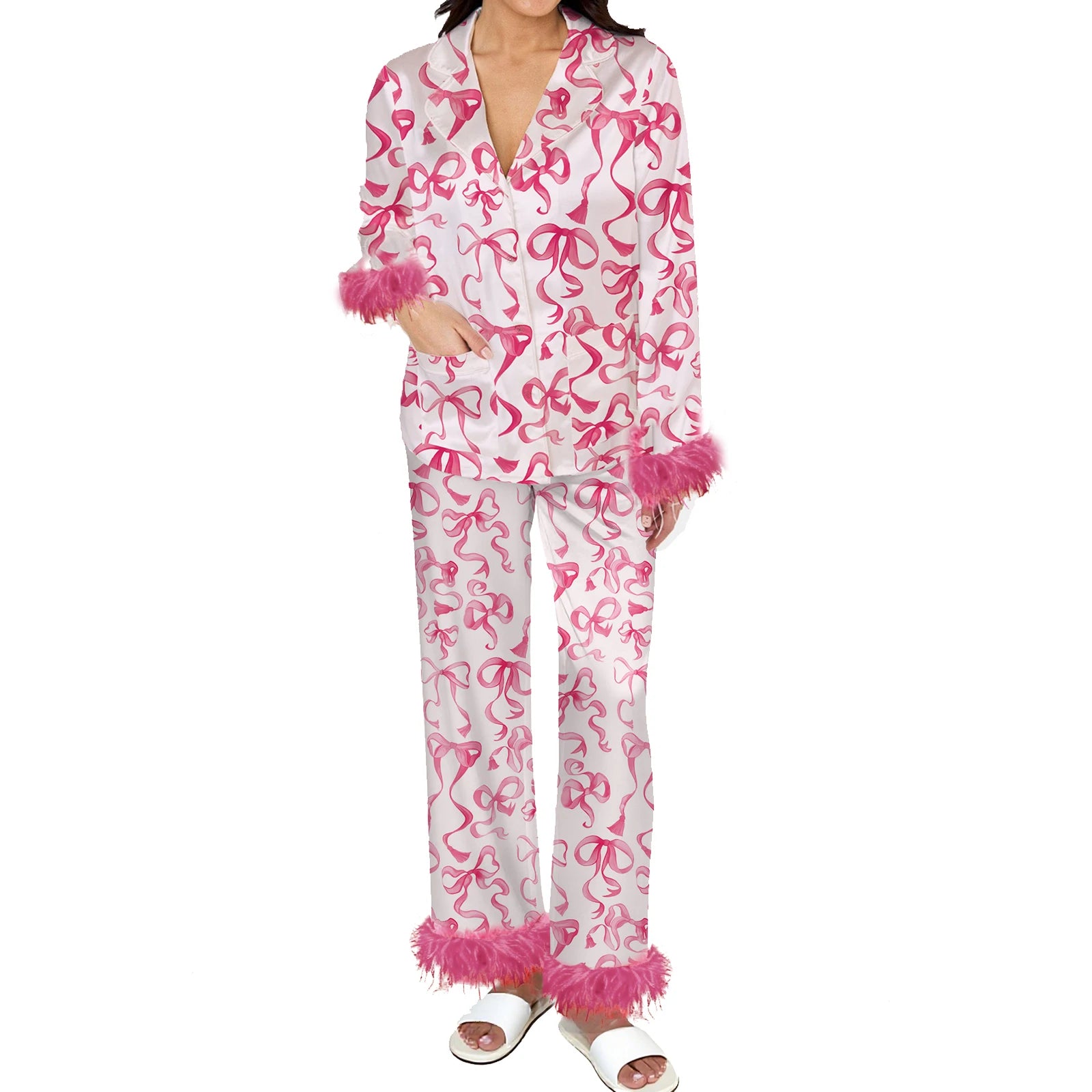 Christmas Santa Pajama Set for Women Satin Silk Fur Trim Long Sleeve Button down Sleepwear 2 Piece Pjs Pants Sets