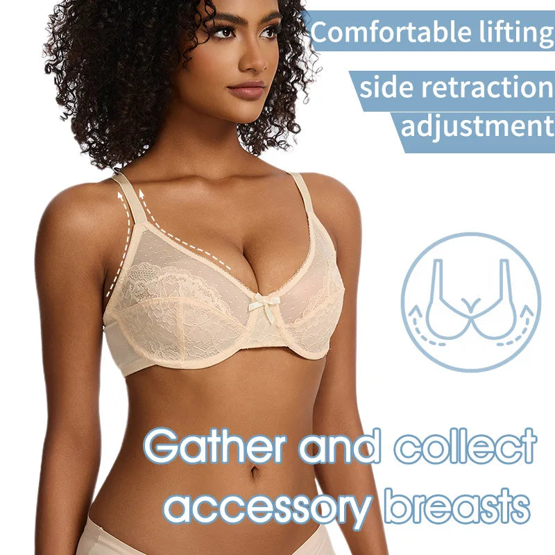 Plus Size Minimizer Bra Underwire Full Coverage Unpadded Floral Lace Lift Support Anti-Sagging Comfort Soft French Women's Bra