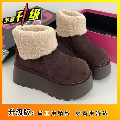 Women's snow boots thick-soled suede mid-heel cotton shoes short plush thermal boots trendy winter casual boots
