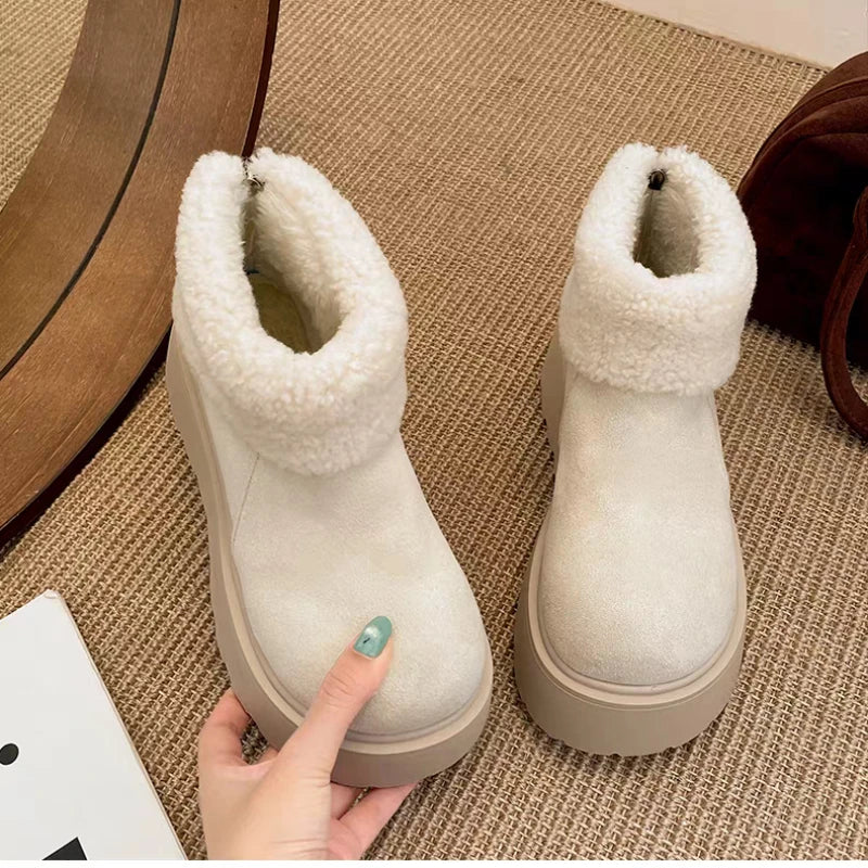 Women's snow boots thick-soled suede mid-heel cotton shoes short plush thermal boots trendy winter casual boots