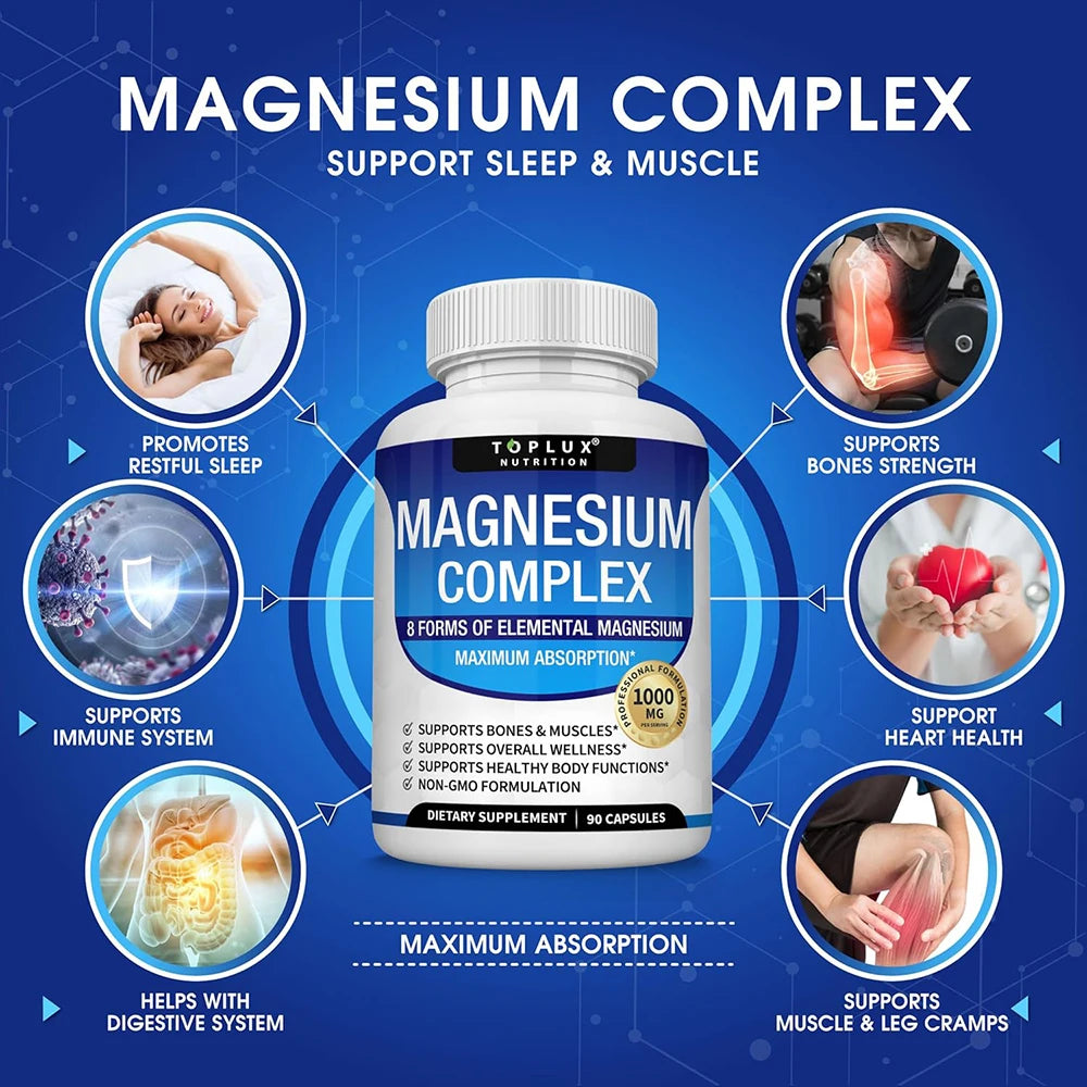 Magnesium Complex Supplement 8 Elemental 1000mg - Magnesium Glycinate, Citrate, Malate, Taurate for Bones, Muscles, Energy