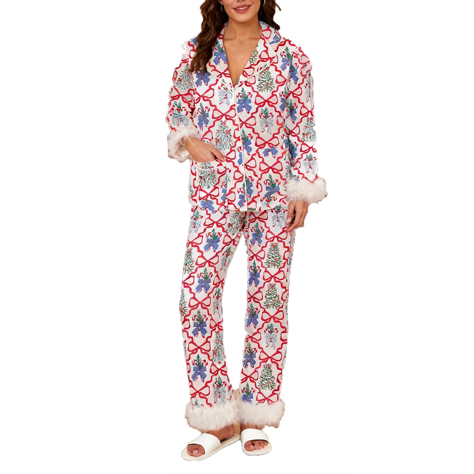 Christmas Santa Pajama Set for Women Satin Silk Fur Trim Long Sleeve Button down Sleepwear 2 Piece Pjs Pants Sets