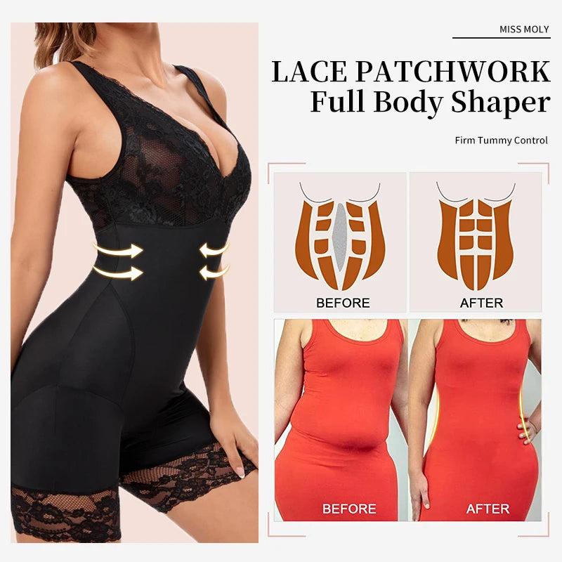 Full Body Shaper Women Bodysuit Shapewear Double V Neck Floral Lace Underwear Tummy Control Butt Lifter Thigh Slimmer Fajas XXXL