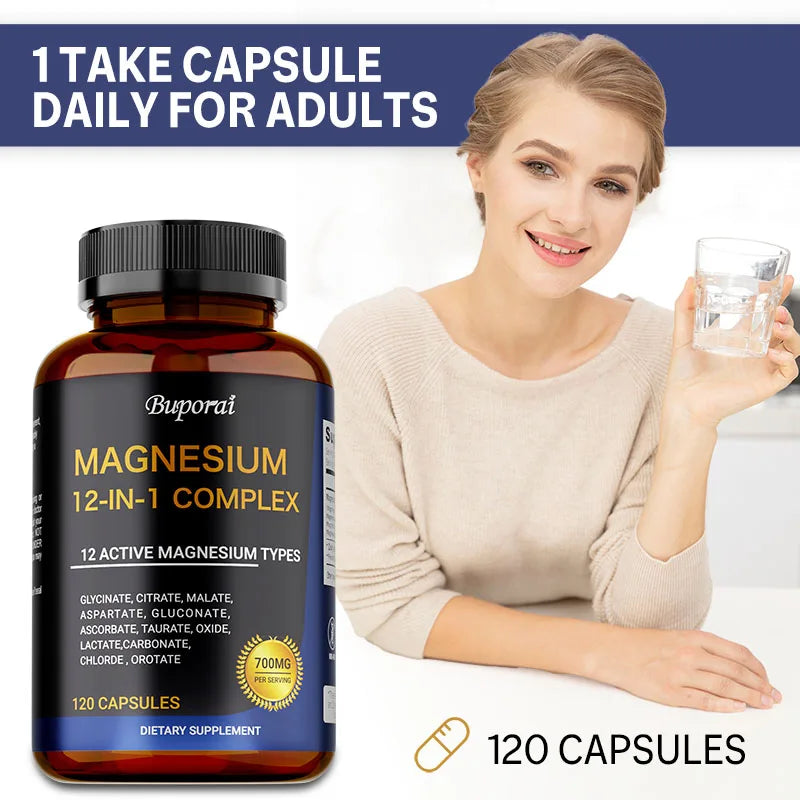 Magnesium Complex Capsules - Support Muscle, Bone, Heart Health, Improve Sleep, Stress & Anxiety Relief - Dietary Supplement