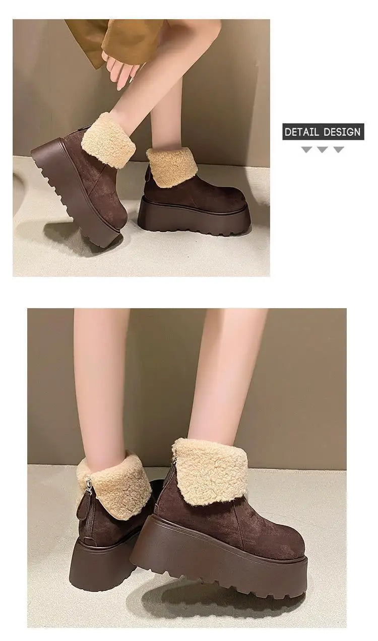 Women's snow boots thick-soled suede mid-heel cotton shoes short plush thermal boots trendy winter casual boots