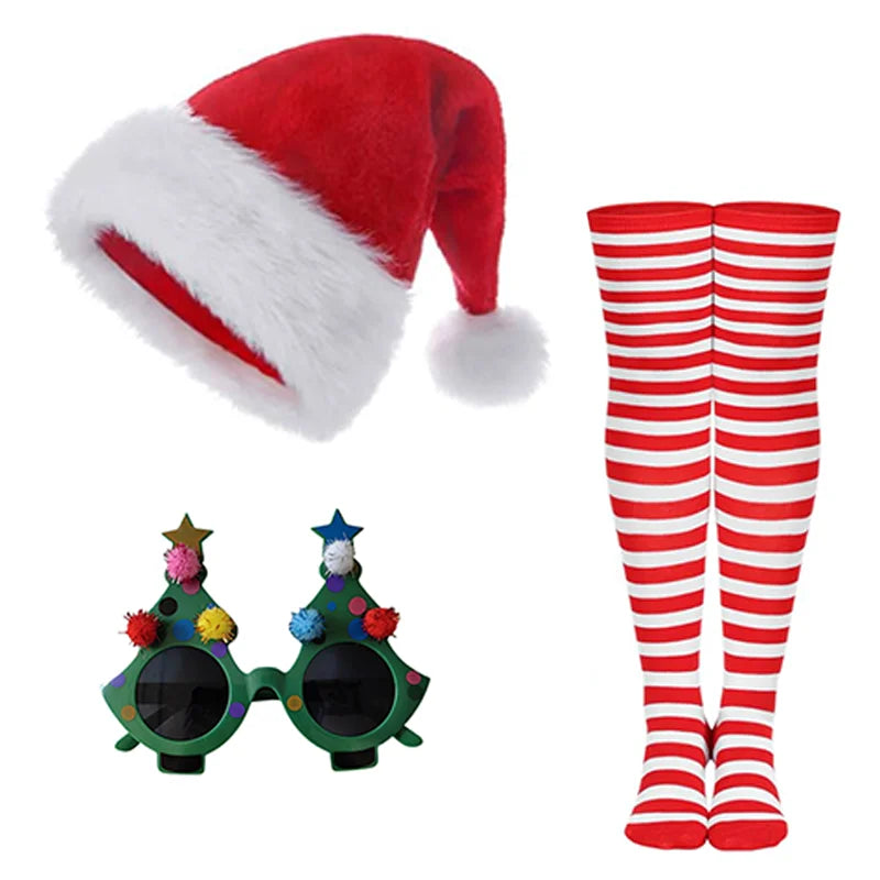 3pcs/sets Santa Claus Sets for Kids Christmas, New Year Party Gifts Hat,Glasses Striped Socks Boys Girls Carnival Accessories