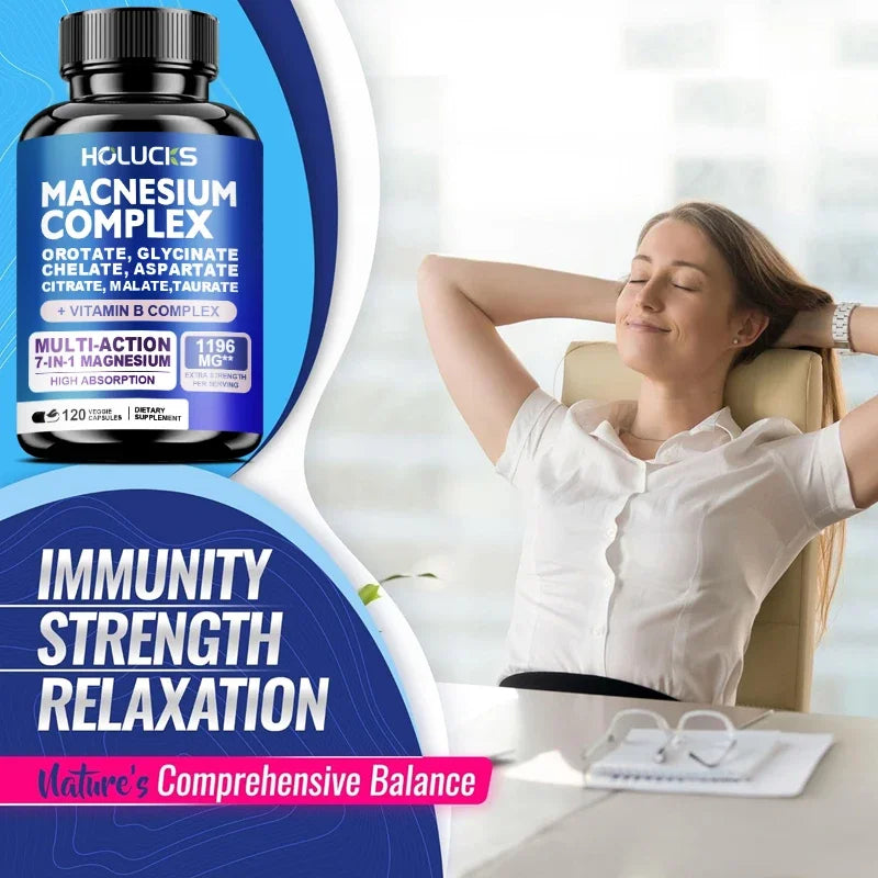 Magnesium Complex 1000mg Supplement, with Vitamins C, E, B1, B2, B6, B12, Chelated Magnesium Glycinate, Malate, Taurate &Citrate