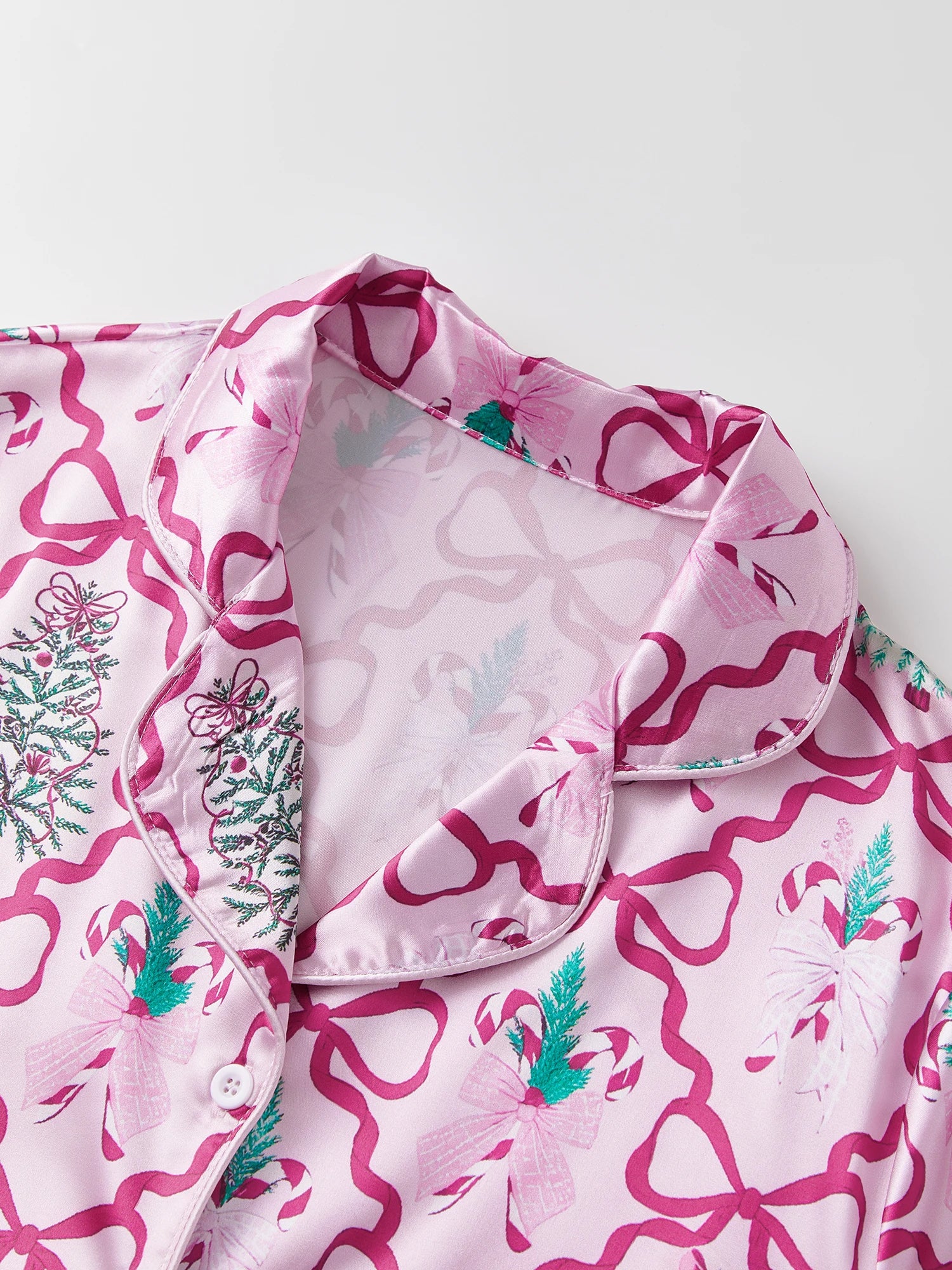 Christmas Santa Pajama Set for Women Satin Silk Fur Trim Long Sleeve Button down Sleepwear 2 Piece Pjs Pants Sets