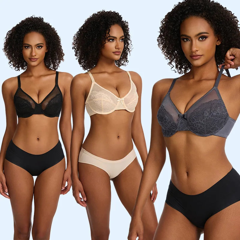 Plus Size Minimizer Bra Underwire Full Coverage Unpadded Floral Lace Lift Support Anti-Sagging Comfort Soft French Women's Bra