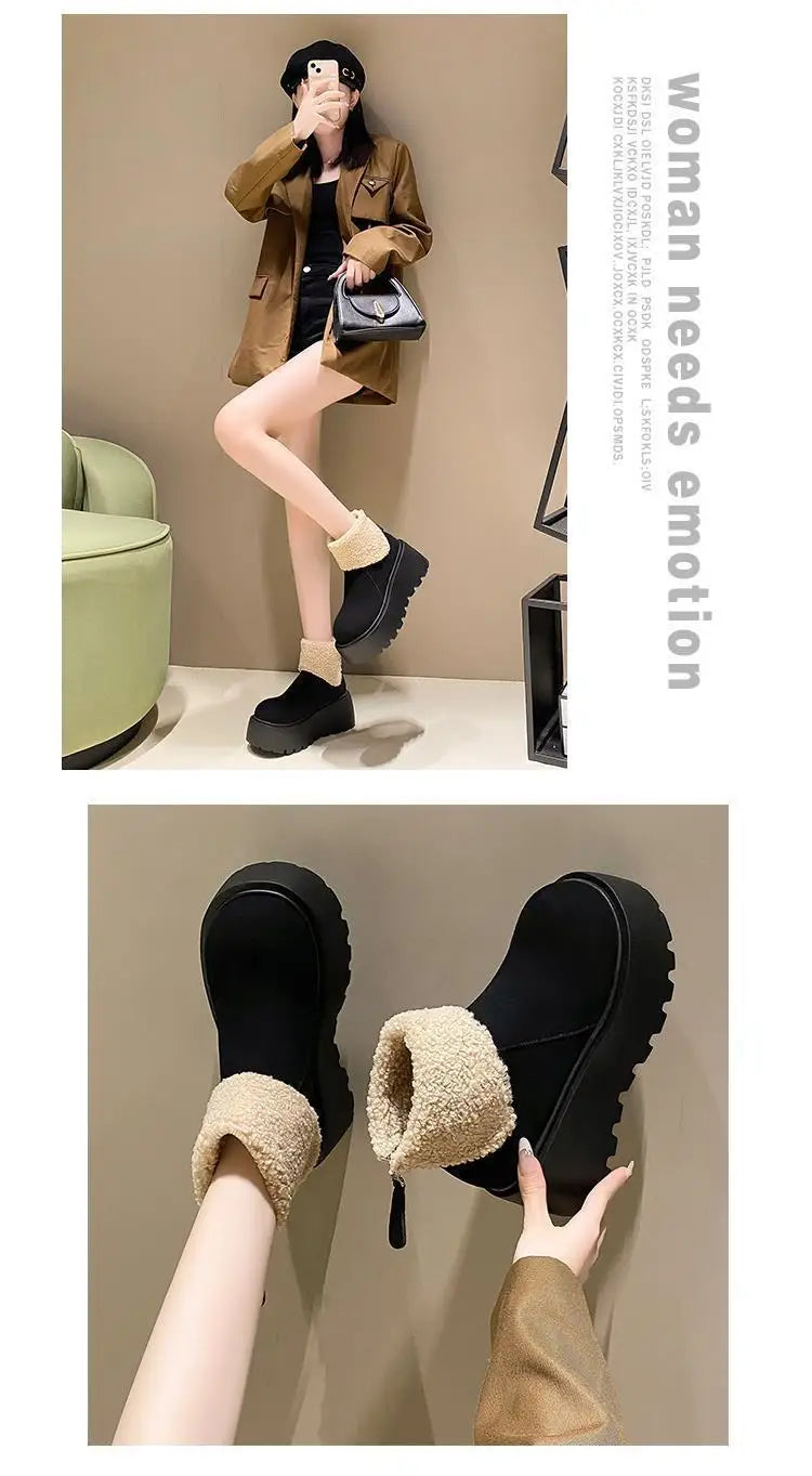Women's snow boots thick-soled suede mid-heel cotton shoes short plush thermal boots trendy winter casual boots