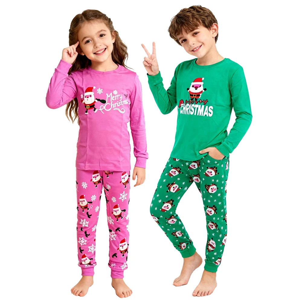 Kids Christmas Pajamas Set Children Long Sleeve Sleepwear Santa Claus Pijamas Soft Pjs for Boys Girls with "Merry Christmas"