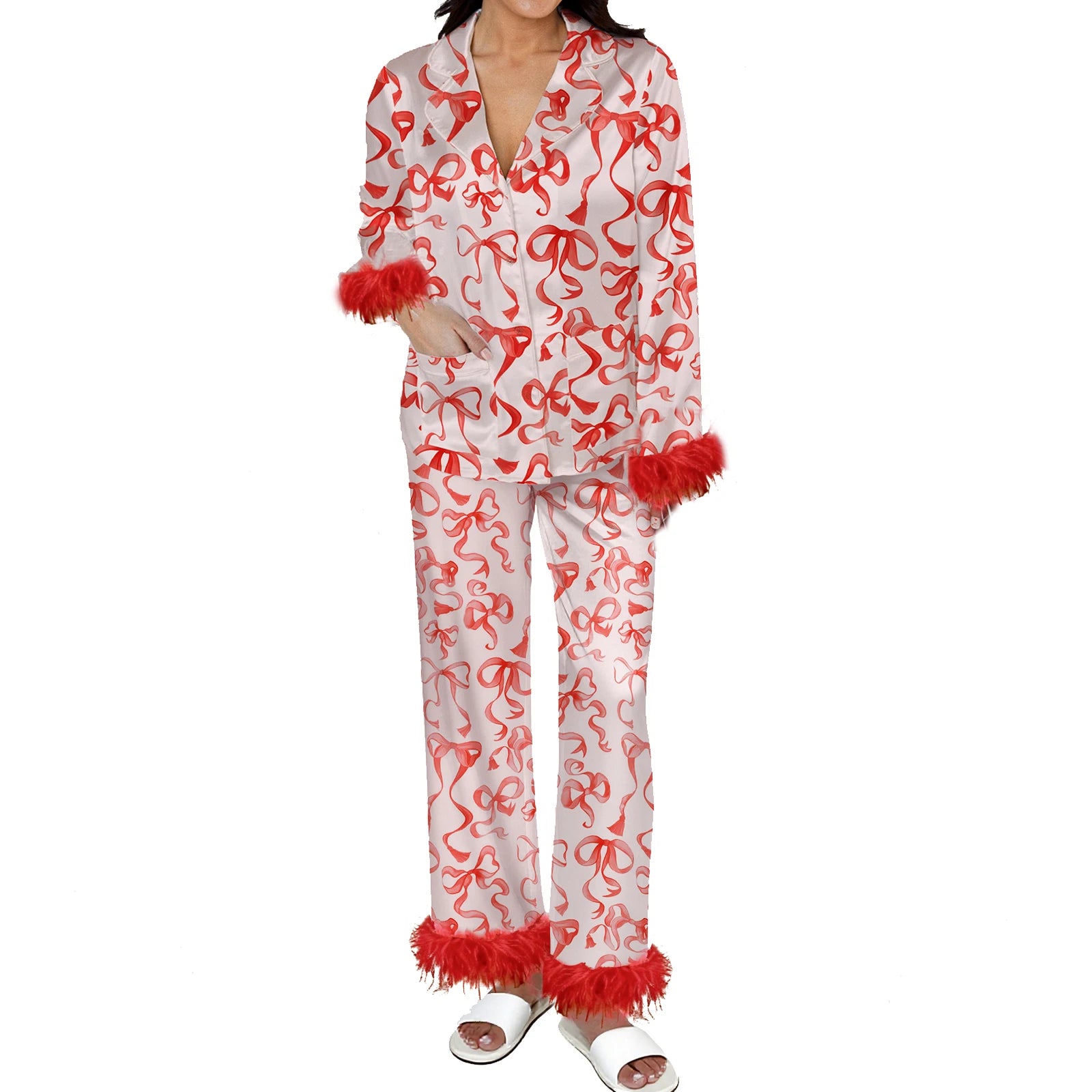 Christmas Santa Pajama Set for Women Satin Silk Fur Trim Long Sleeve Button down Sleepwear 2 Piece Pjs Pants Sets
