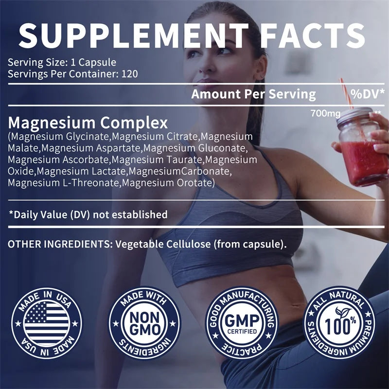 Magnesium Complex Capsules - Bone & Heart Health Supplement, Sleep Support,Muscle Relaxation,Stress & Anxiety Relief