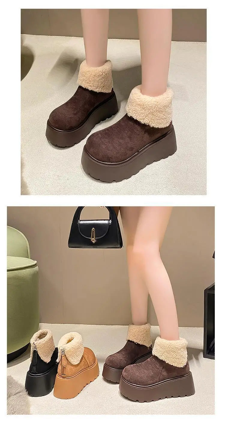 Women's snow boots thick-soled suede mid-heel cotton shoes short plush thermal boots trendy winter casual boots