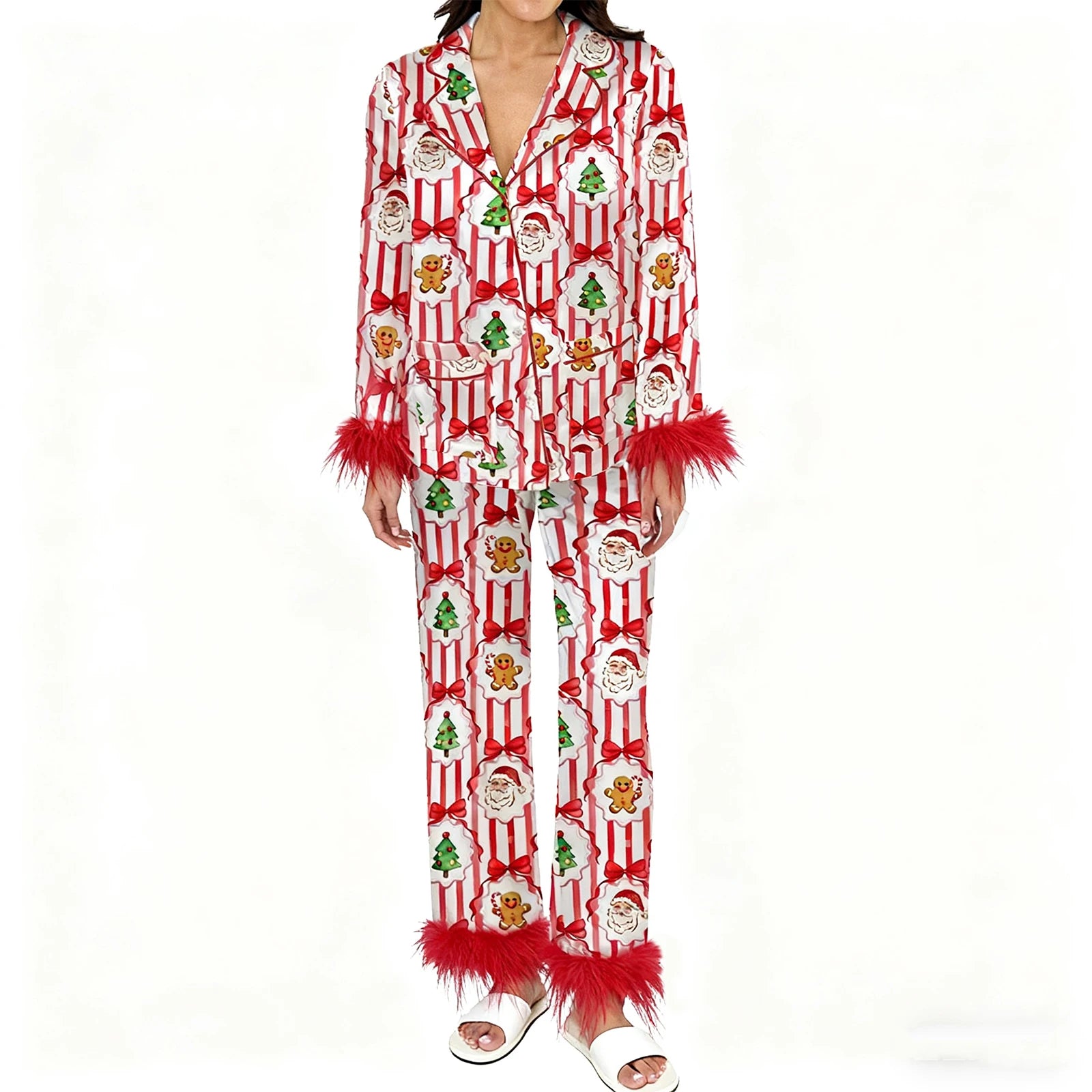 Christmas Santa Pajama Set for Women Satin Silk Fur Trim Long Sleeve Button down Sleepwear 2 Piece Pjs Pants Sets