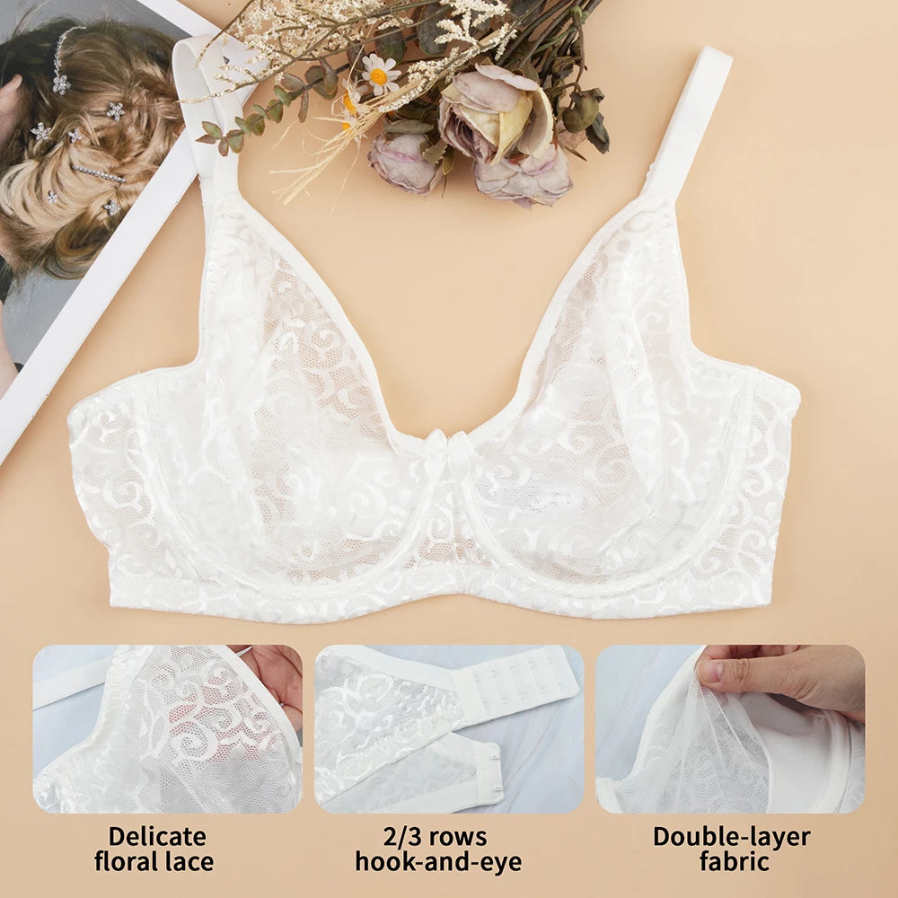 Sheroine Plus Size Minimizer Bra Full Coverage Underwire Plunge Bra with Floral Lace Mesh for Big Breast Support & Comfort