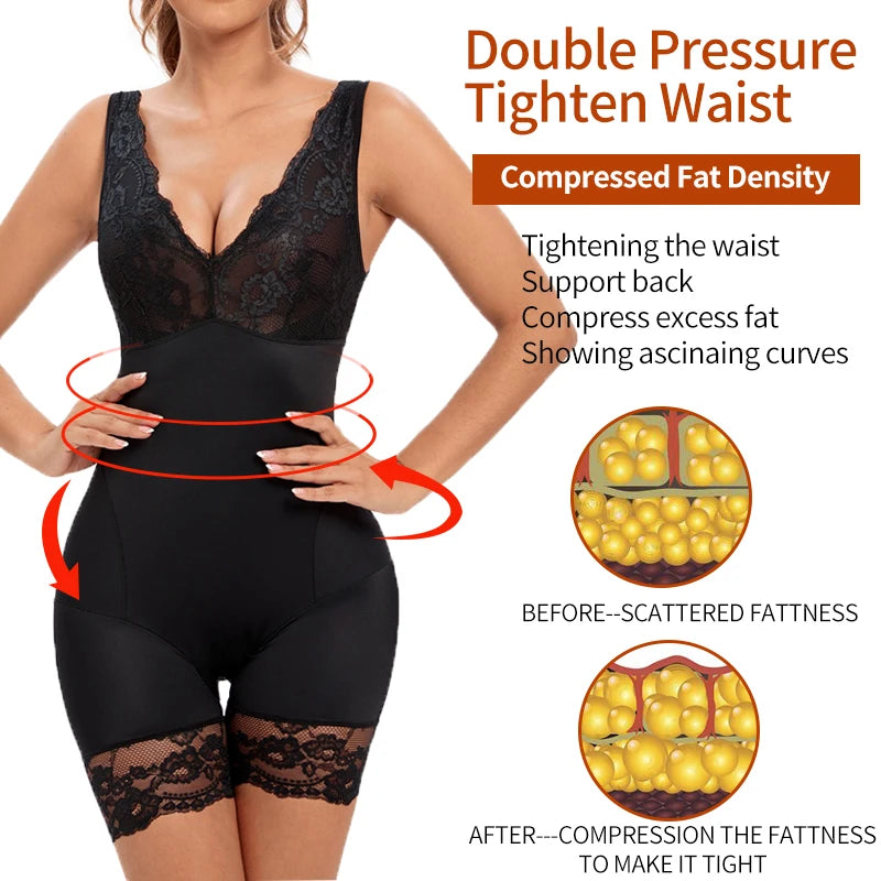 Full Body Shaper Women Bodysuit Shapewear Double V Neck Floral Lace Underwear Tummy Control Butt Lifter Thigh Slimmer Fajas XXXL